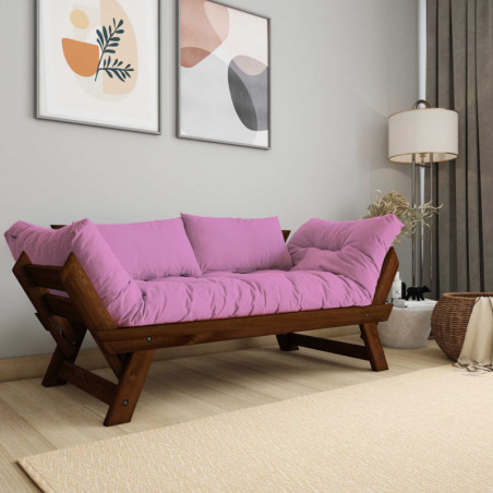 Canapé de jardin 2 places en bois de pin et lin noyer et rose - L 180 à 210 × P 75 cm - Imperméable