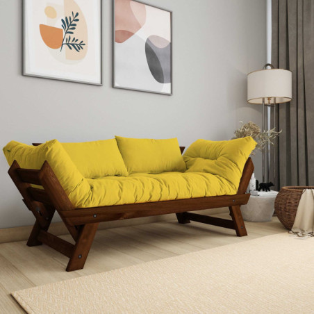 Canapé de jardin 2 places en bois de pin et lin noyer et jaune - L 180 à 210 × P 75 cm - Imperméable