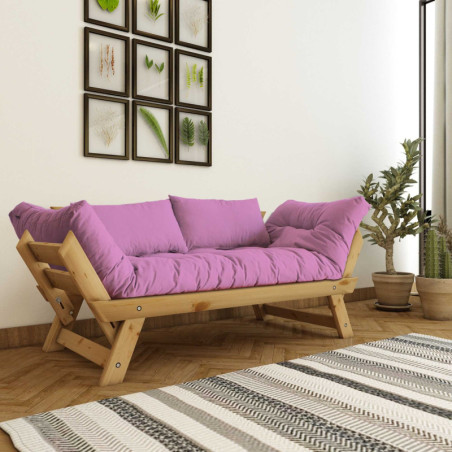 Canapé de jardin 2 places en bois de pin et lin naturel et rose - L 180 à 210 × P 75 cm - Imperméable