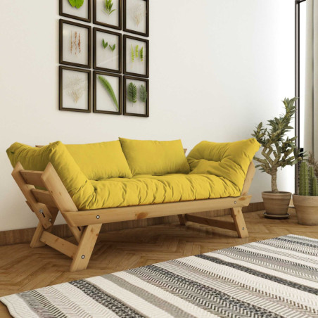 Canapé de jardin 2 places en bois de pin et lin naturel et jaune - L 180 à 210 × P 75 cm - Imperméable