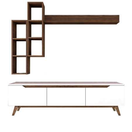 Meuble TV Banc TV en Bois MDF blanc et noyer - L 180 × P 35 × H 48,6 cm - Style scandinave