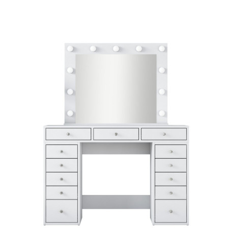 Coiffeuse Table de maquillage avec miroir lumineux en Bois MDF blanc - L 120 × P 44,5 × H 81,6 cm - 11 ampoules incluses