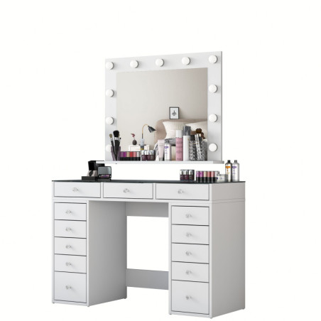 Coiffeuse Table de maquillage avec miroir lumineux en Bois MDF blanc - L 120 × P 44,5 × H 79,8 cm - 11 ampoules incluses