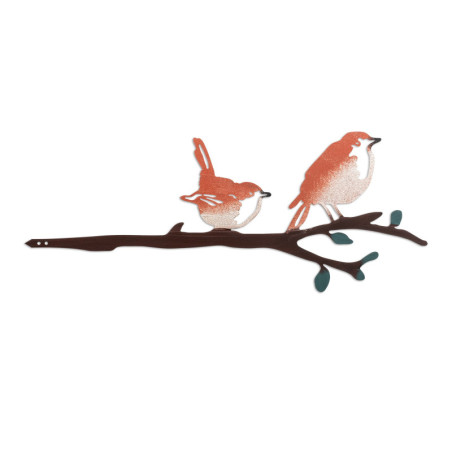 Décoration de jardin Oiseaux sur branche en métal multicolore 22 x 55 cm peinte à la main