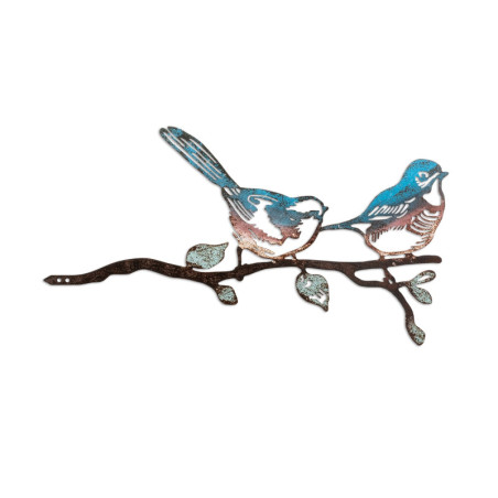 Décoration de jardin Oiseaux sur branche en métal multicolore 26 x 50 cm peinte à la main