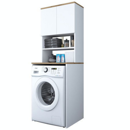 Meuble pour machine à laver Armoire de buanderie en bois MDF mélaminé blanc et noyer 65 x 60 x 183,6 cm