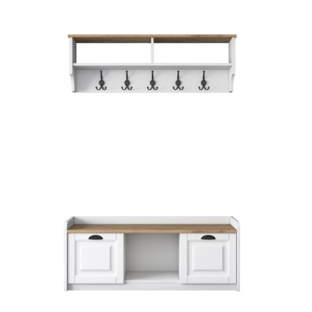 Meuble dentrée Vestiaire en bois MDF mélaminé blanc et noyer 120 x 40 x 45 cm avec étagère murale