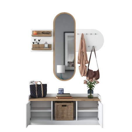 Meuble dentrée Vestiaire avec miroir en bois MDF mélaminé blanc et noyer 125 x 122 cm