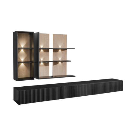 Ensemble meuble TV mural Soul avec vitrine et éclairage LED - Bois MDF noir et chêne Viking - 300 x 160 x 45 cm