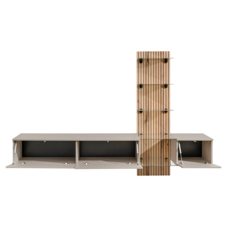 Ensemble meuble TV mural Luzz avec vitrine - Bois MDF gris argile et chêne Evoke - 220 x 160 x 40 cm