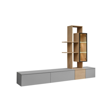 Ensemble meuble TV mural Leo avec vitrine et éclairage LED - Bois MDF gris arctique et chêne Cremona - 240 x 160 x 40 cm