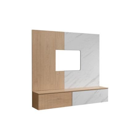 Ensemble meuble TV mural Noir I - Bois MDF chêne Cremona et effet marbre blanc - 160 x 148 x 35 cm