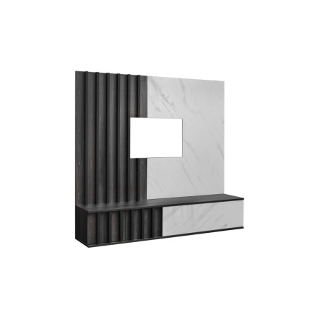 Ensemble meuble TV mural Noir II - Bois MDF chêne graphite et effet marbre blanc - 160 x 148 x 35 cm