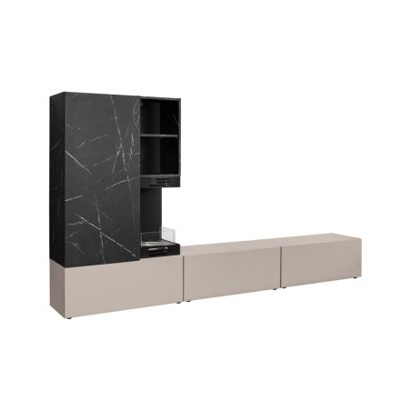 Ensemble meuble TV mural Gina avec cheminée bioéthanol - Bois MDF gris argile et effet marbre noir - 270 x 158 x 40 cm