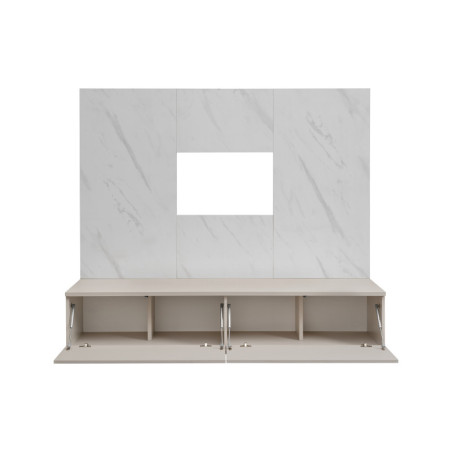 Ensemble meuble TV mural Glam - Bois MDF cachemire et effet marbre blanc - 180 x 155 x 45 cm