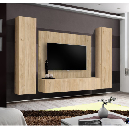 Ensemble meuble TV mural Fly A-P1 - Bois MDF chêne Hickory Jackson - 240 x 170 x 40 cm