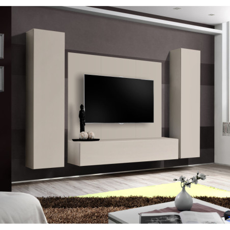 Ensemble meuble TV mural Fly A-P1 - Bois MDF cachemire - 240 x 170 x 40 cm