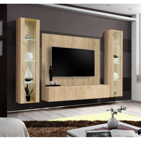 Ensemble meuble TV mural Fly A-P2 avec vitrine et éclairage LED - Bois MDF chêne Hickory Jackson - 240 x 170 x 40 cm