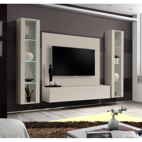 Ensemble meuble TV mural Fly A-P2 avec vitrine et éclairage LED - Bois MDF cachemire - 240 x 170 x 40 cm