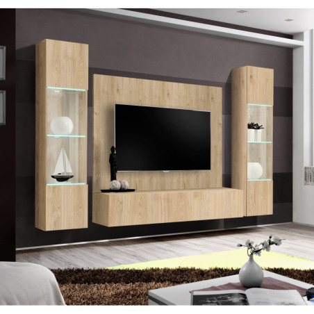 Ensemble meuble TV mural Fly A-P3 avec vitrine et éclairage LED - Bois MDF chêne Hickory Jackson - 240 x 170 x 40 cm