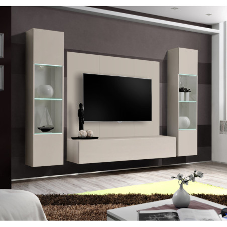 Ensemble meuble TV mural Fly A-P3 avec vitrine et éclairage LED - Bois MDF cachemire - 240 x 170 x 40 cm