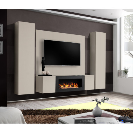 Ensemble meuble TV mural Fly M-P1 avec cheminée bioéthanol - Bois MDF cachemire - 240 x 170 x 40 cm
