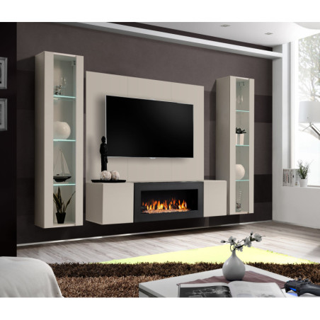 Ensemble meuble TV mural Fly M-P2 avec cheminée bioéthanol, vitrine et éclairage LED - Bois MDF cachemire - 240 x 170 x 40 cm