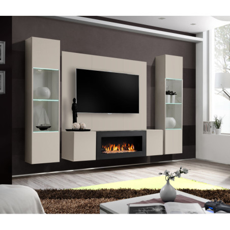 Ensemble meuble TV mural Fly M-P3 avec cheminée bioéthanol, vitrine et éclairage LED - Bois MDF cachemire - 240 x 170 x 40 cm