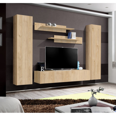 Ensemble meuble TV mural Fly A1 - Bois MDF chêne Hickory Jackson - 240 x 170 x 40 cm