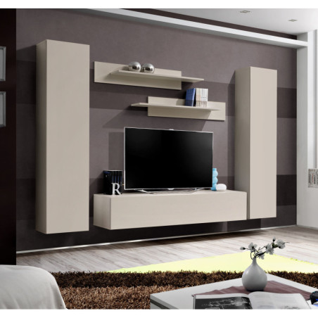 Ensemble meuble TV mural Fly A1 - Bois MDF cachemire - 240 x 170 x 40 cm