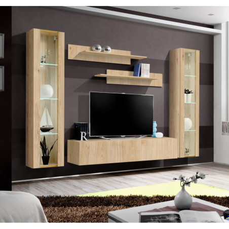 Ensemble meuble TV mural Fly A2 avec vitrine et éclairage LED - Bois MDF chêne Hickory Jackson - 240 x 170 x 40 cm
