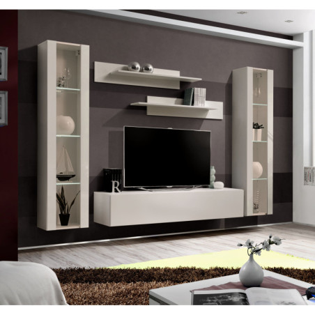 Ensemble meuble TV mural Fly A2 avec vitrine et éclairage LED - Bois MDF cachemire - 240 x 170 x 40 cm