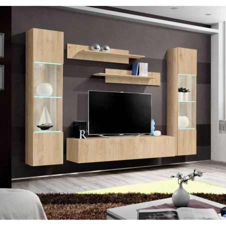 Ensemble meuble TV mural Fly A3 avec vitrine et éclairage LED - Bois MDF chêne Hickory Jackson - 240 x 170 x 40 cm