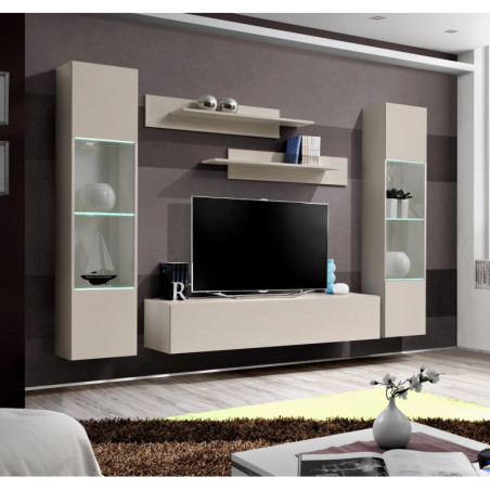 Ensemble meuble TV mural Fly A3 avec vitrine et éclairage LED - Bois MDF cachemire - 240 x 170 x 40 cm