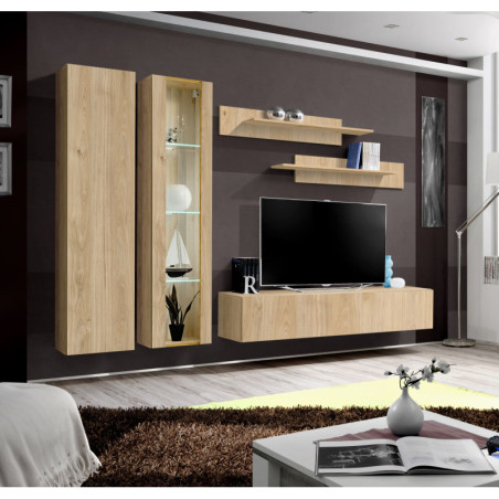 Ensemble meuble TV mural Fly A4 avec vitrine et éclairage LED - Bois MDF chêne Hickory Jackson - 240 x 170 x 40 cm