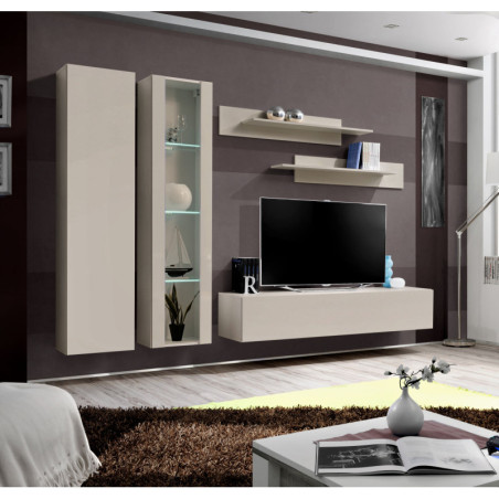 Ensemble meuble TV mural Fly A4 avec vitrine et éclairage LED - Bois MDF cachemire - 240 x 170 x 40 cm