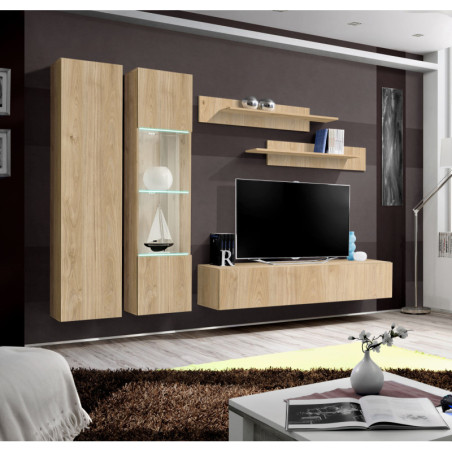 Ensemble meuble TV mural Fly A5 avec vitrine et éclairage LED - Bois MDF chêne Hickory Jackson - 240 x 170 x 40 cm