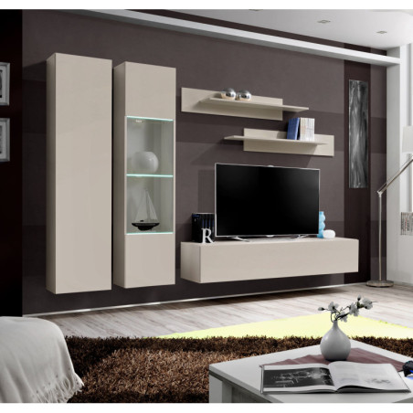 Ensemble meuble TV mural Fly A5 avec vitrine et éclairage LED - Bois MDF cachemire - 240 x 170 x 40 cm