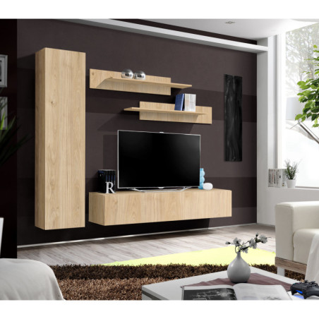Ensemble meuble TV mural Fly G1 - Bois MDF chêne Hickory Jackson - 200 x 170 x 40 cm