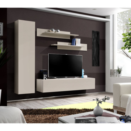 Ensemble meuble TV mural Fly G1 - Bois MDF cachemire - 200 x 170 x 40 cm