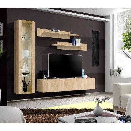 Ensemble meuble TV mural Fly G2 avec vitrine et éclairage LED - Bois MDF chêne Hickory Jackson - 200 x 170 x 40 cm