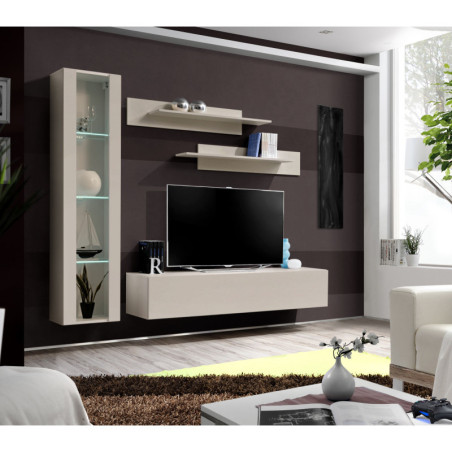 Ensemble meuble TV mural Fly G2 avec vitrine et éclairage LED - Bois MDF cachemire - 200 x 170 x 40 cm