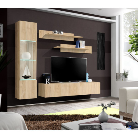 Ensemble meuble TV mural Fly G3 avec vitrine et éclairage LED - Bois MDF chêne Hickory Jackson - 200 x 170 x 40 cm