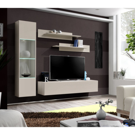 Ensemble meuble TV mural Fly G3 avec vitrine et éclairage LED - Bois MDF cachemire - 200 x 170 x 40 cm