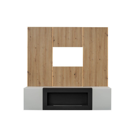 Ensemble meuble TV mural Xari L2-K avec cheminée bioéthanol - Bois MDF gris perle et chêne artisan - 160 x 158 x 40 cm