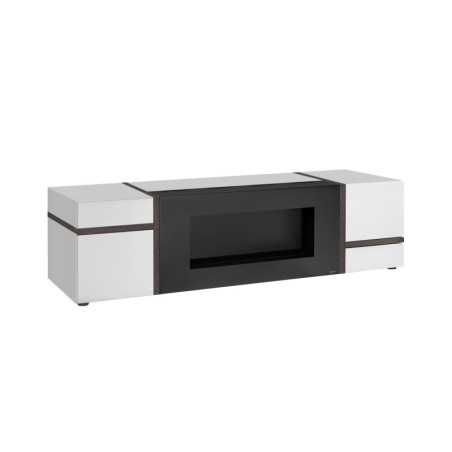 Meuble TV Cross avec cheminée bioéthanol - Bois MDF blanc brillant et orme Perla - 150 x 50 x 50 cm