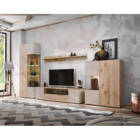 Ensemble meuble TV mural Catalina avec vitrine et éclairage LED - Bois MDF cachemire et chêne Viking - 320 x 197 x 45 cm
