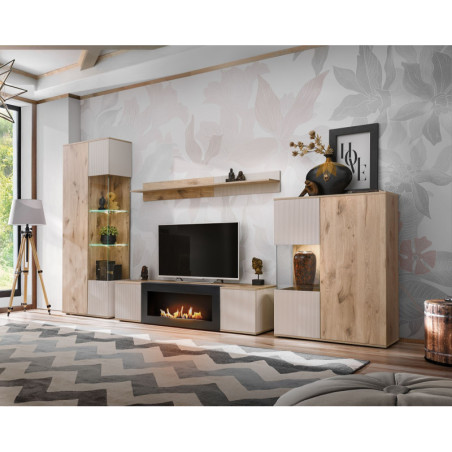Ensemble meuble TV Catalina avec cheminée bioéthanol et vitrine LED - Bois MDF cachemire et chêne Viking - 320 x 197 x 45 cm