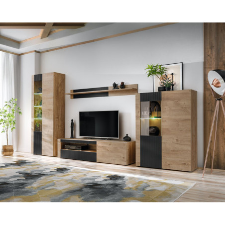 Ensemble meuble TV mural Aron avec vitrine et éclairage LED - Bois MDF noir mat et chêne Ribbeck - 320 x 192 x 45 cm