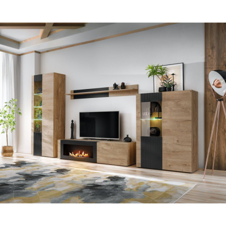 Ensemble meuble TV mural Aron avec cheminée bioéthanol et vitrine LED - Bois MDF noir mat et chêne Ribbeck - 320 x 192 x 45 cm
